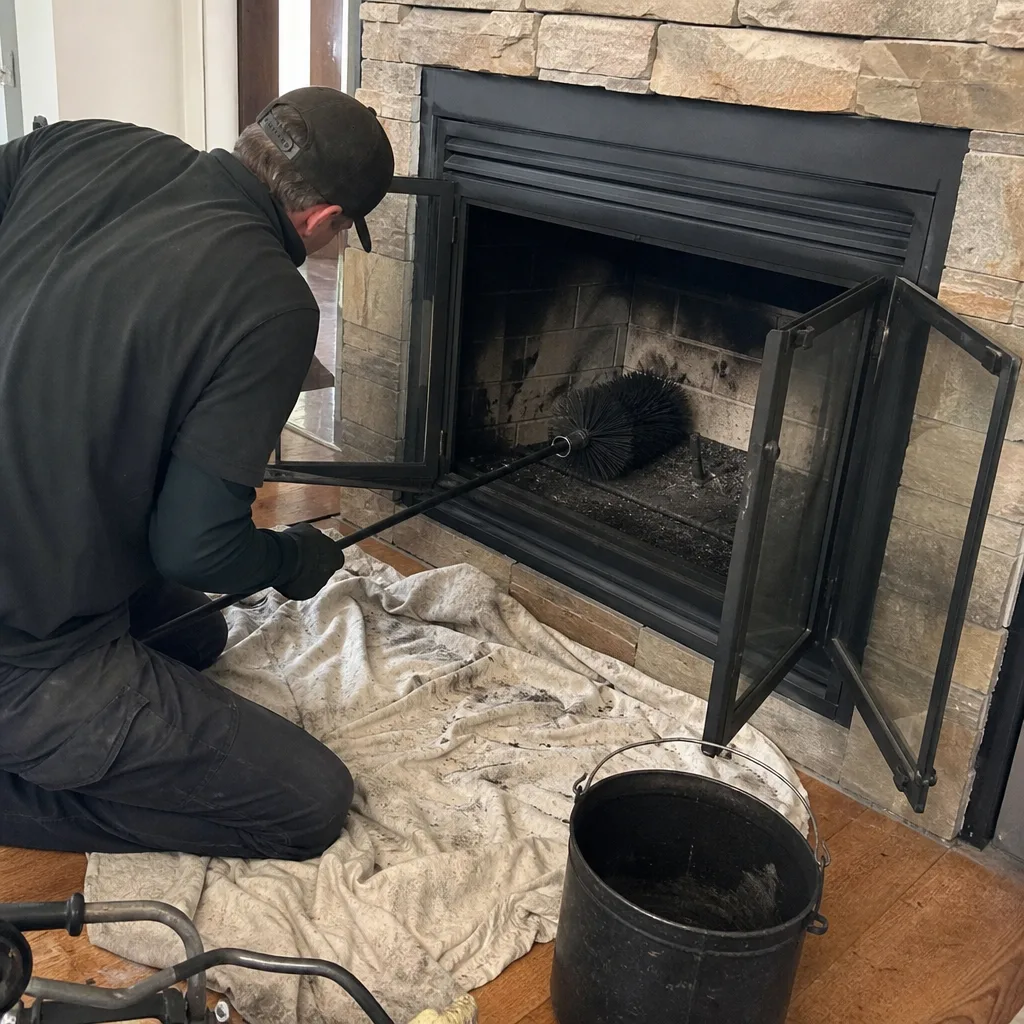 Professional chimney sweep cleaning a residential fireplace with a stiff brush