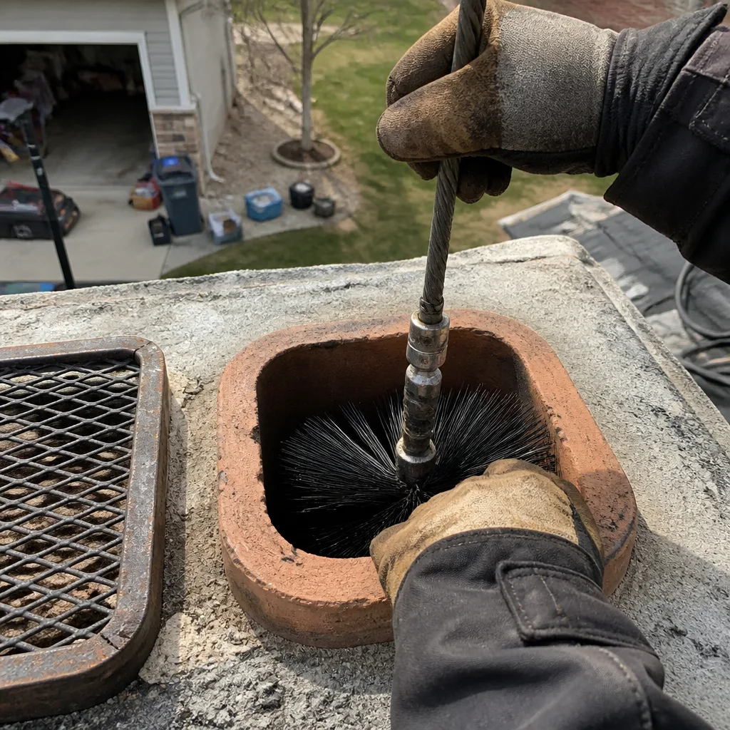 Professional chimney sweep cleaning a chimney flue with a wire brush