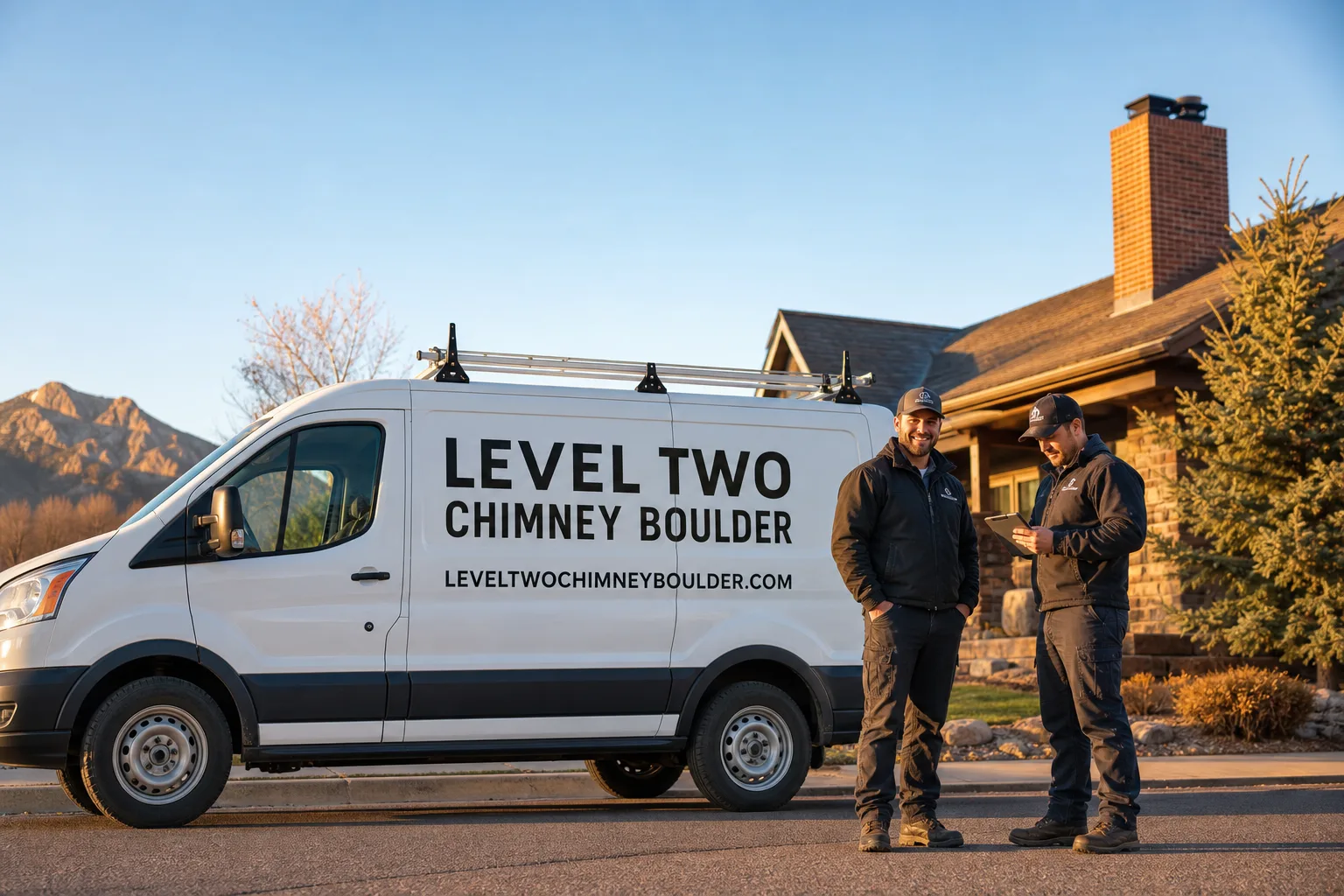 Level Two Chimney Boulder chimney cleaning service vehicle and crew in Boulder, CO